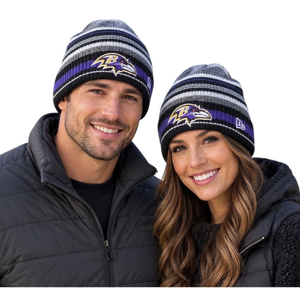 Baltimore Ravens New Era Striped Knit Beanie Hat NFL Gray Purple Black